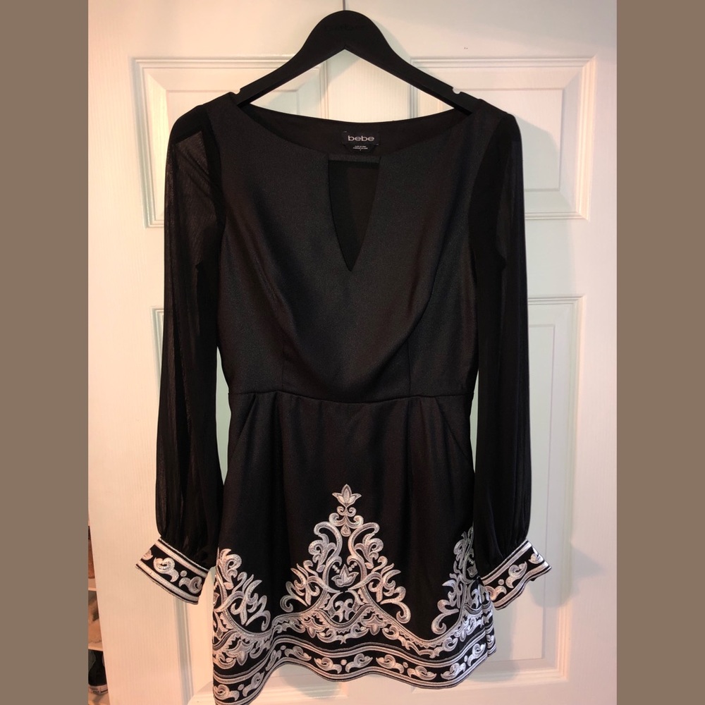 Bebe Black and White Long Sleeve Embroidered Dress